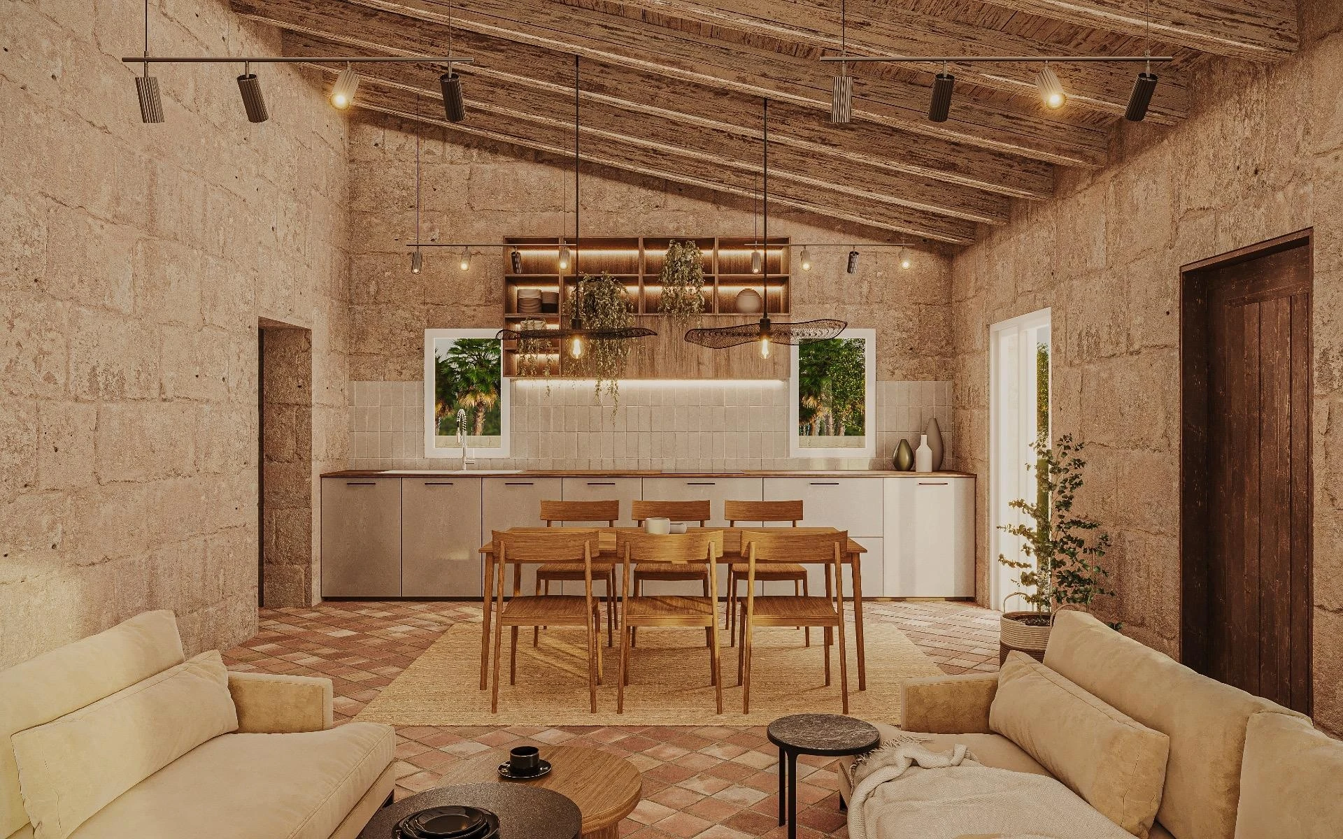 Open-plan living area with kitchen and dining, natural stone and wooden beams — Rustic finca in Campos, Mallorca
