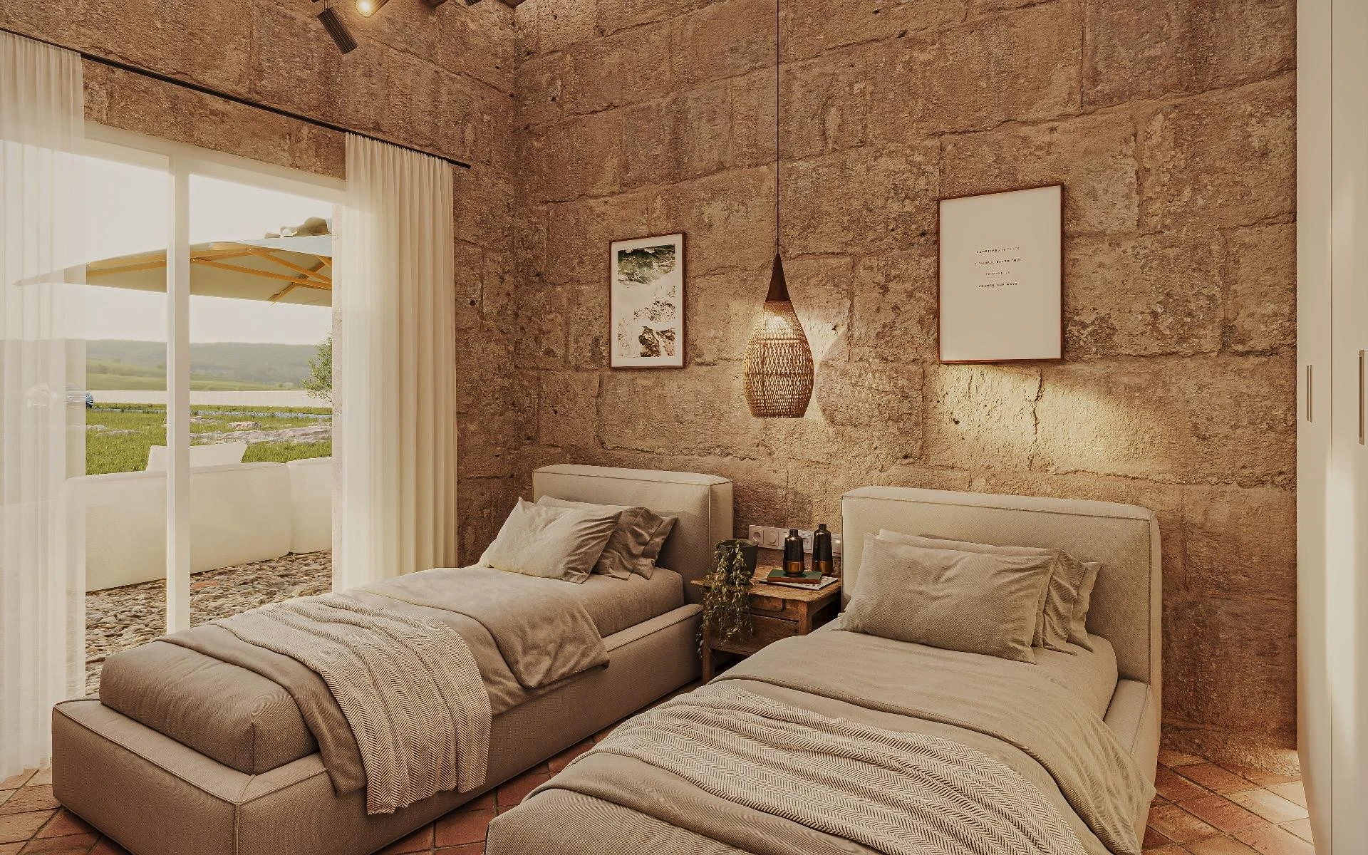 Twin bedroom with natural stone walls and garden views — Rustic finca in Campos, Mallorca