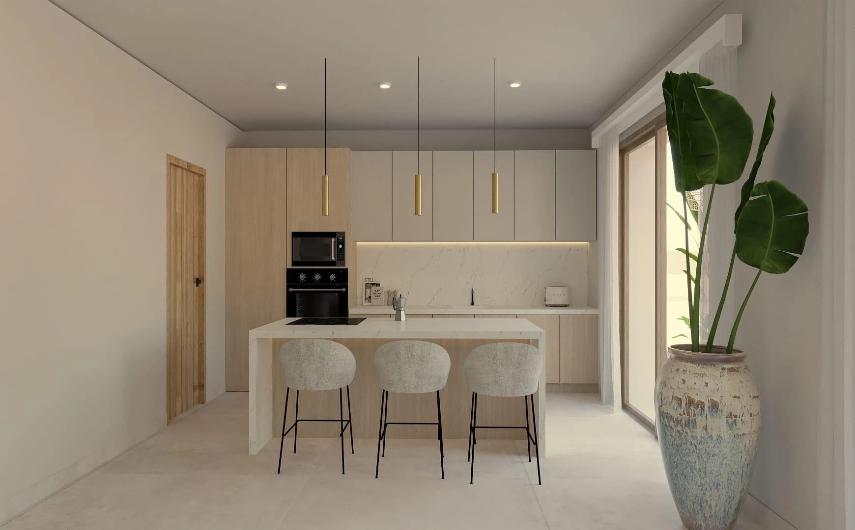 Moderne Küche mit Marmorinsel, gepolsterten Barhockern, integrierten Geräten und goldenen Pendelleuchten — Finca Cas Concos, Ca's Concos, Mallorca