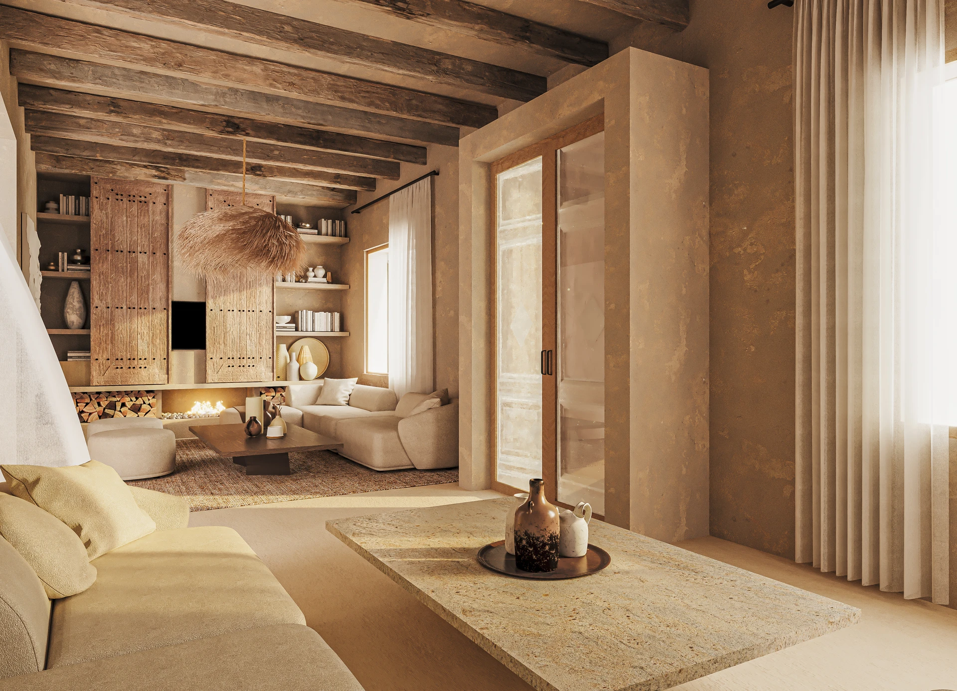 Wohnzimmer mit Kamin und Essbereich — Stadthaus Ca's Predi in Ses Salines