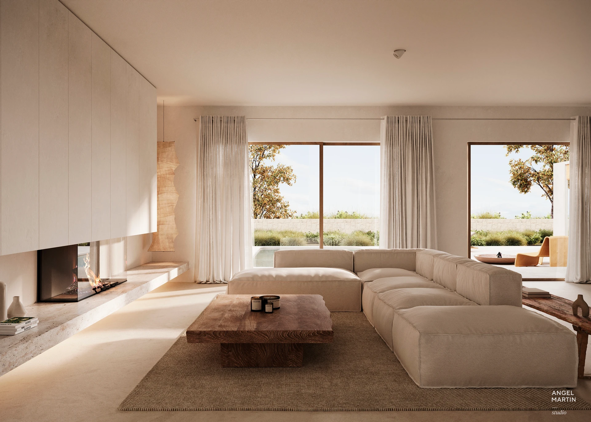 Wohnzimmer mit Kamin und Blick auf die Landschaft — Casa Ametllers, Ses Salines