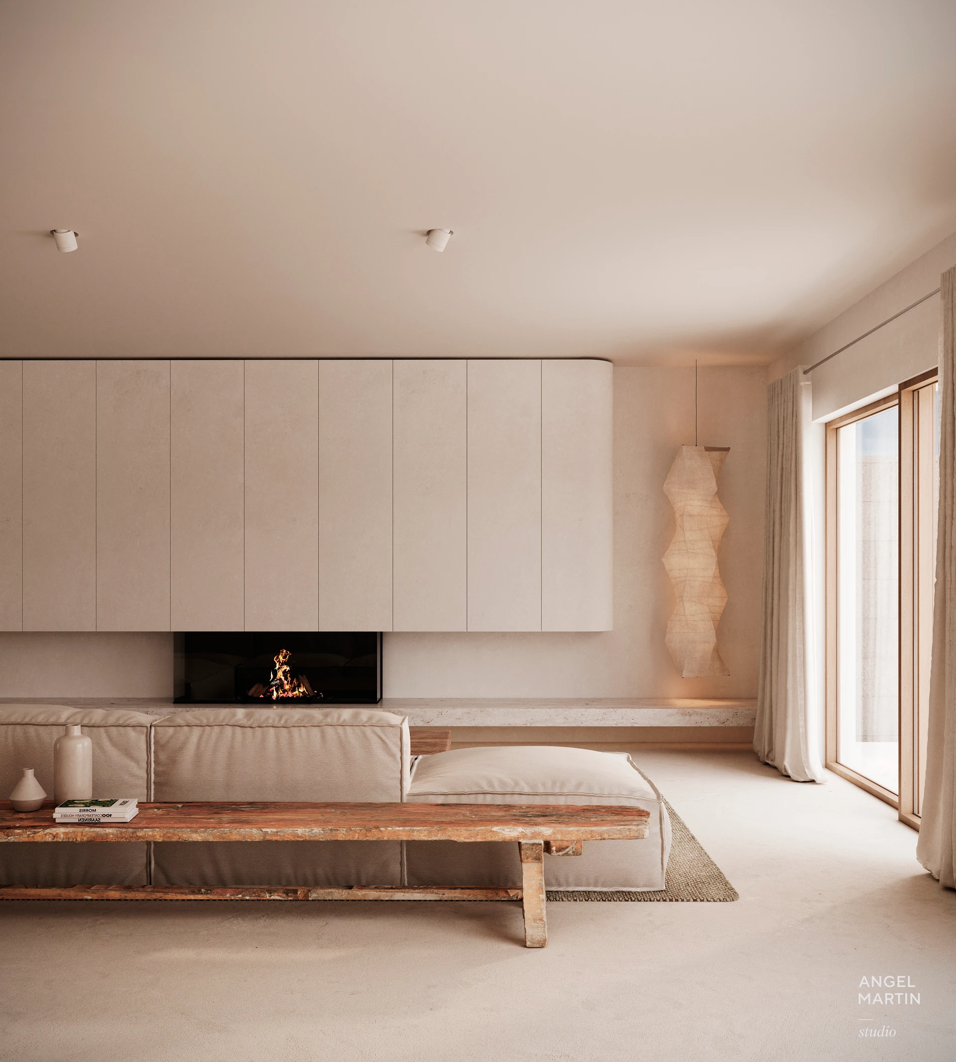 Minimalistisches Kamindetail mit Einbauschränken — Casa Ses Oliveres, Ses Salines, Mallorca