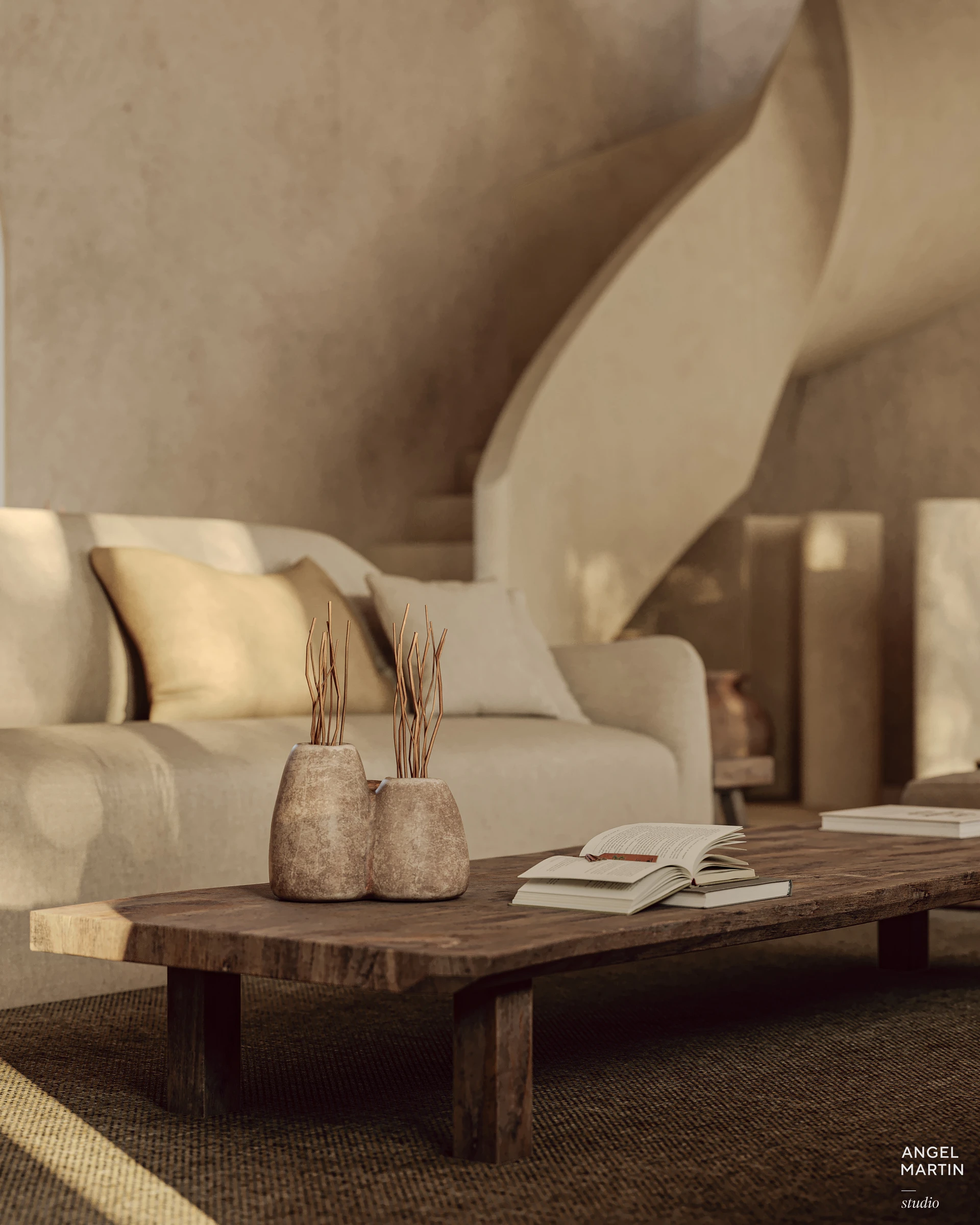 Innendetail mit skulpturaler Treppe — Finca Son Salom, Santanyí, Mallorca