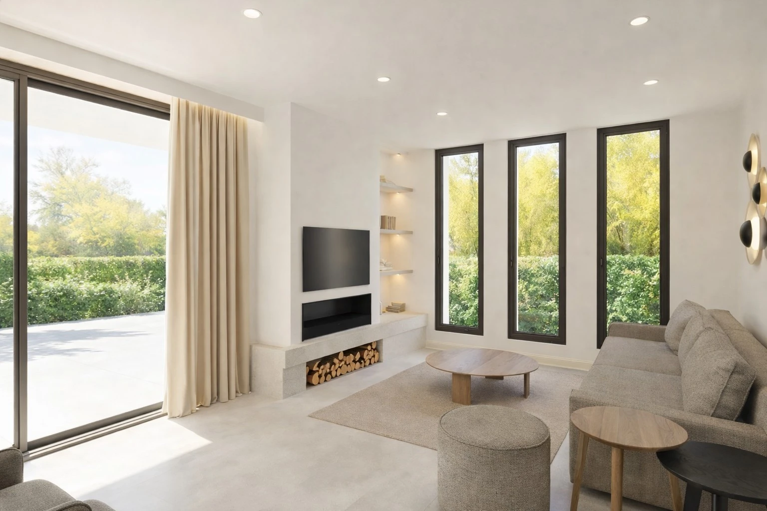 Bright living room with TV unit, decorative firewood, beige sofa and garden-facing windows — Villa Cala Santanyí, Cala Santanyí, Mallorca