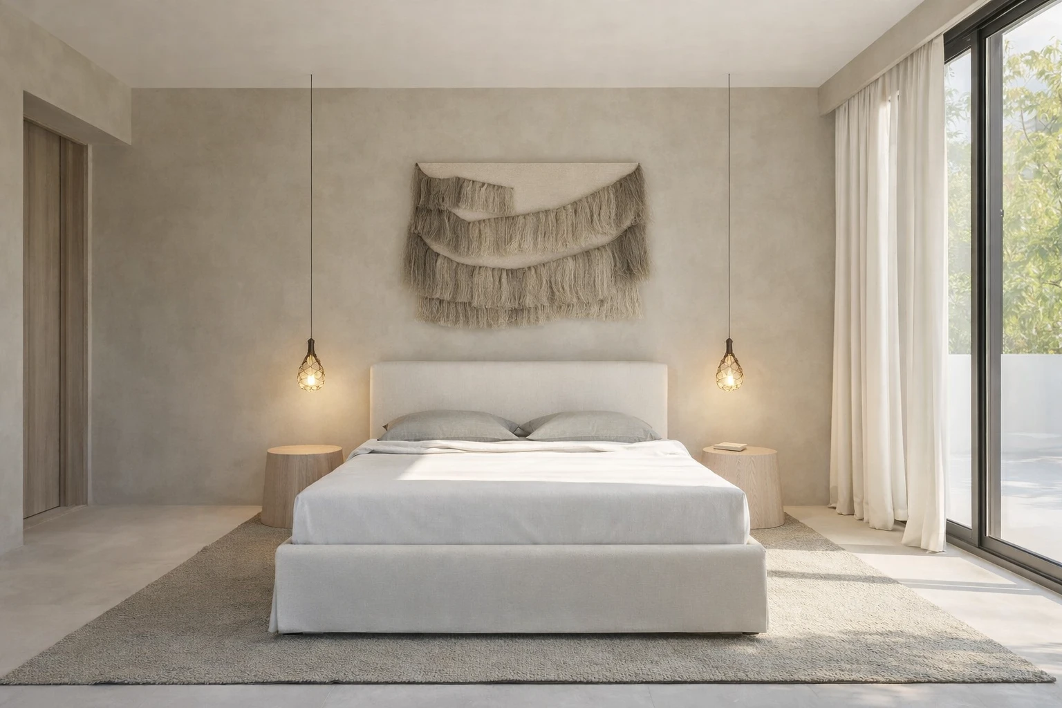 Minimalist master bedroom with white double bed, pendant lights and natural light — Villa Cala Santanyí, Cala Santanyí, Mallorca