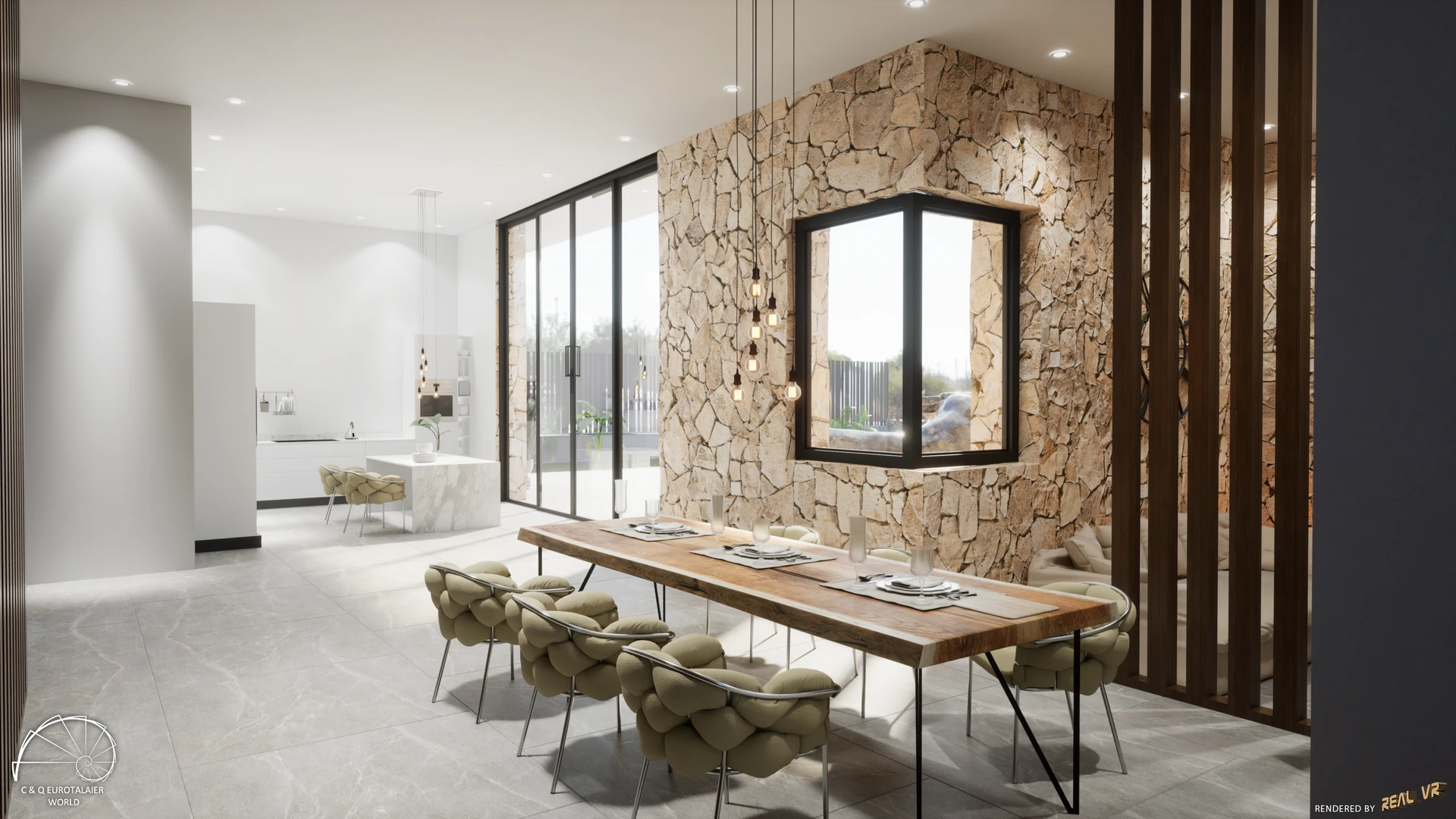 Comedor con mesa de madera maciza, sillas de diseño, pared de piedra natural con ventana y cocina abierta al fondo — Villa Sa Ràpita, Sa Ràpita, Mallorca