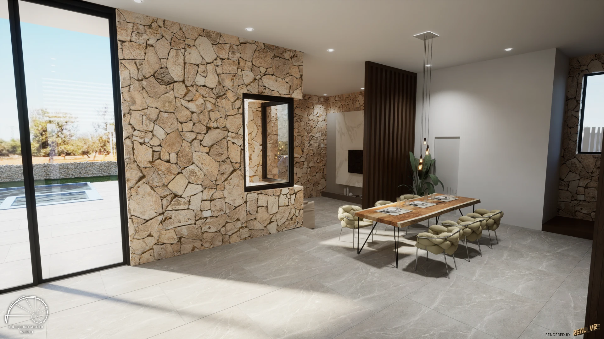 Salón-comedor diáfano con pared de piedra, grandes ventanales correderos con vistas a la piscina y suelos de mármol — Villa Sa Ràpita, Sa Ràpita, Mallorca