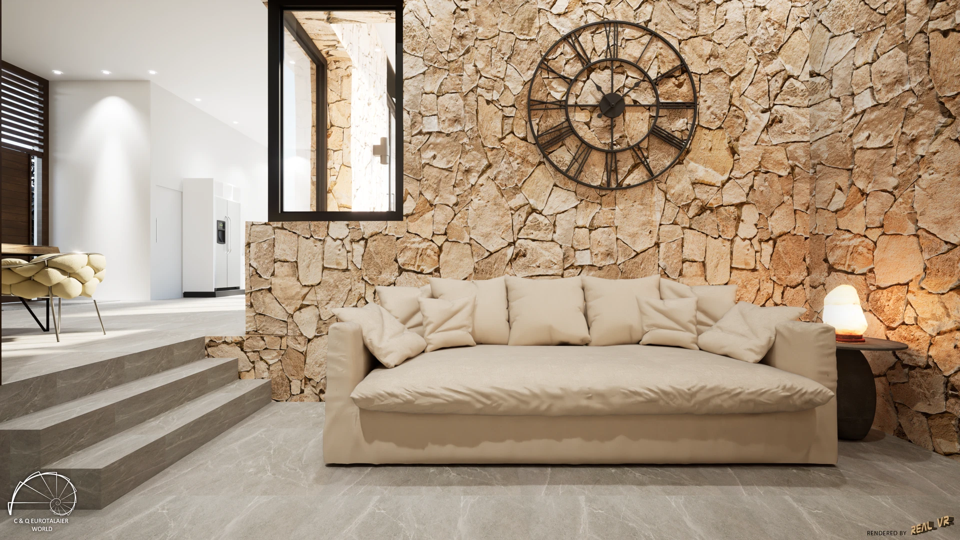 Salón de televisión con sofá amplio, pared de piedra natural, reloj decorativo de gran formato y escalones al nivel superior — Villa Sa Ràpita, Sa Ràpita, Mallorca