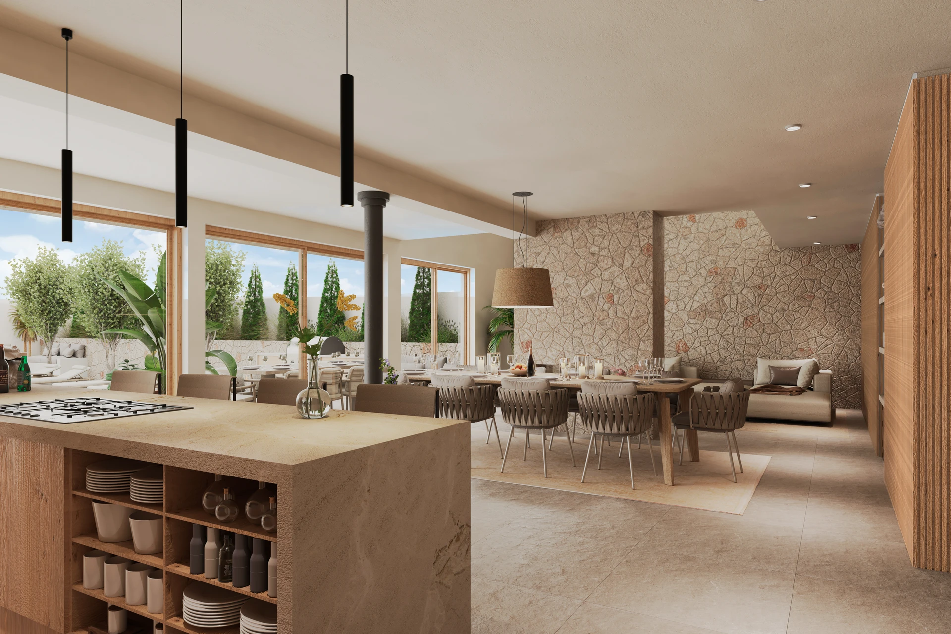 Cocina abierta integrada con comedor, isla de madera y mármol, pared de piedra mallorquina y ventanales al jardín — Casa Mediterránea Ses Salines, Ses Salines, Mallorca