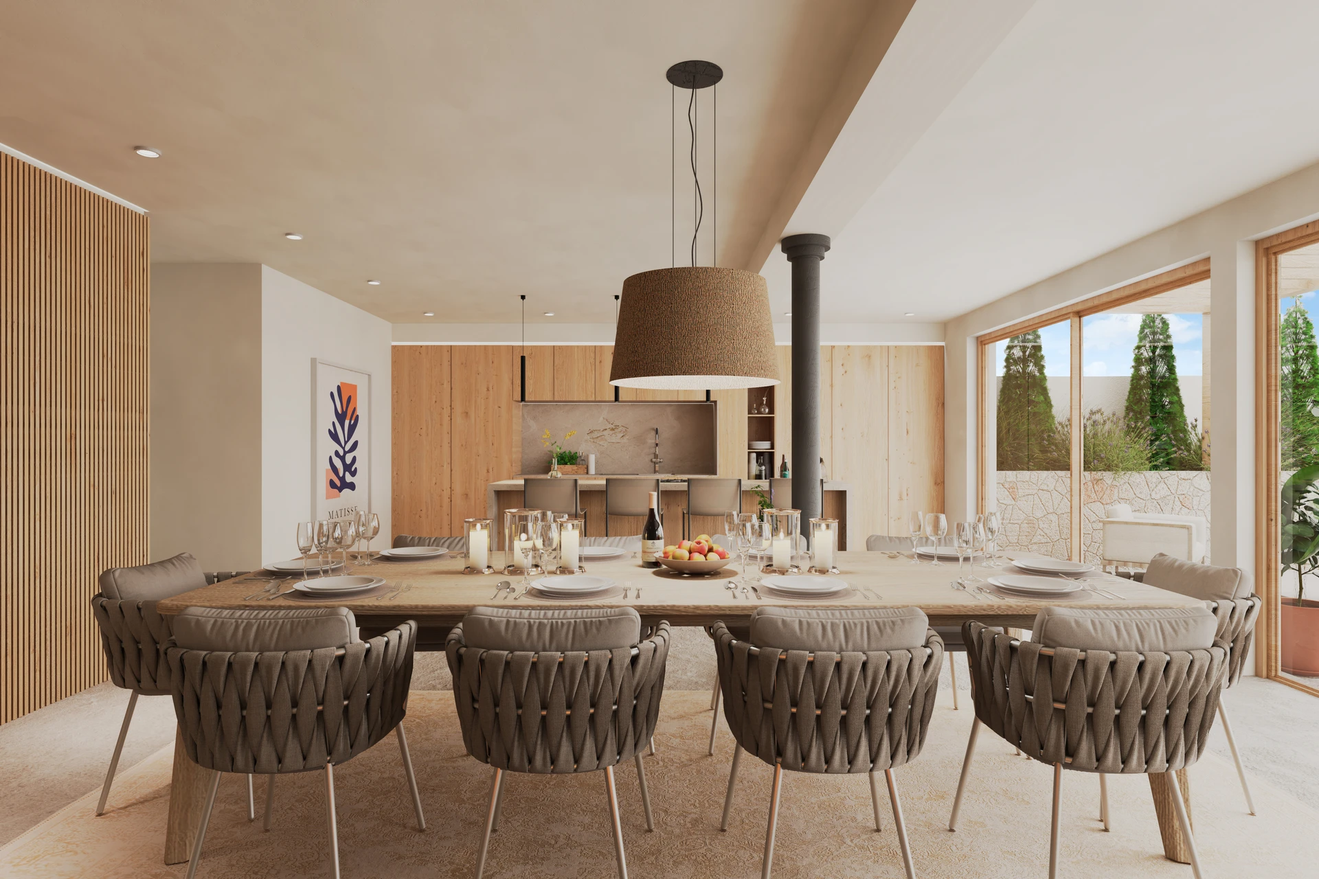 Comedor amplio con mesa de madera para diez comensales, sillas trenzadas y acceso directo al jardín — Casa Mediterránea Ses Salines, Ses Salines, Mallorca