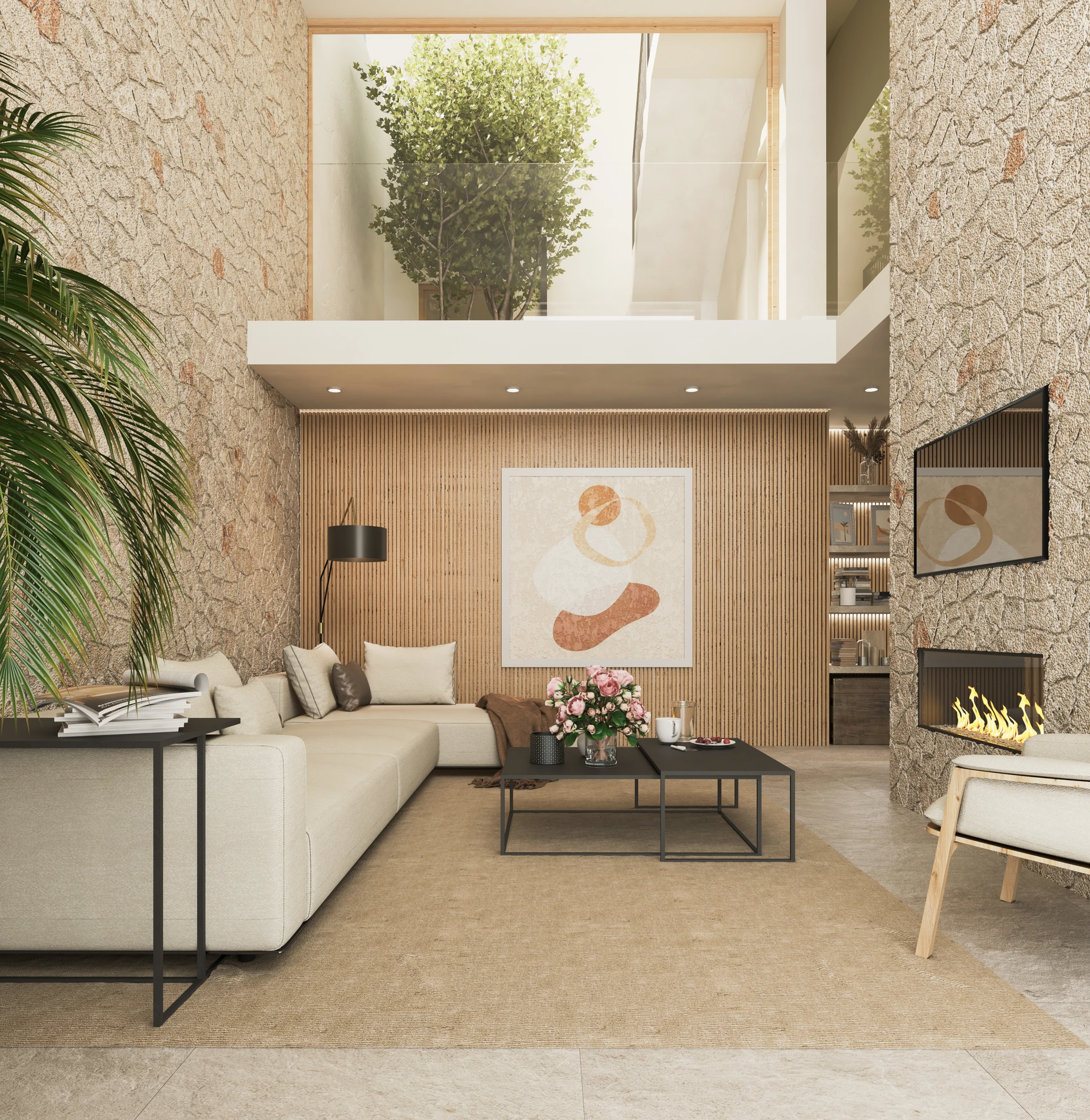 Salón de doble altura con sofá en L, chimenea, paredes de piedra mallorquina y ventana de mezzanine — Casa Mediterránea Ses Salines, Ses Salines, Mallorca